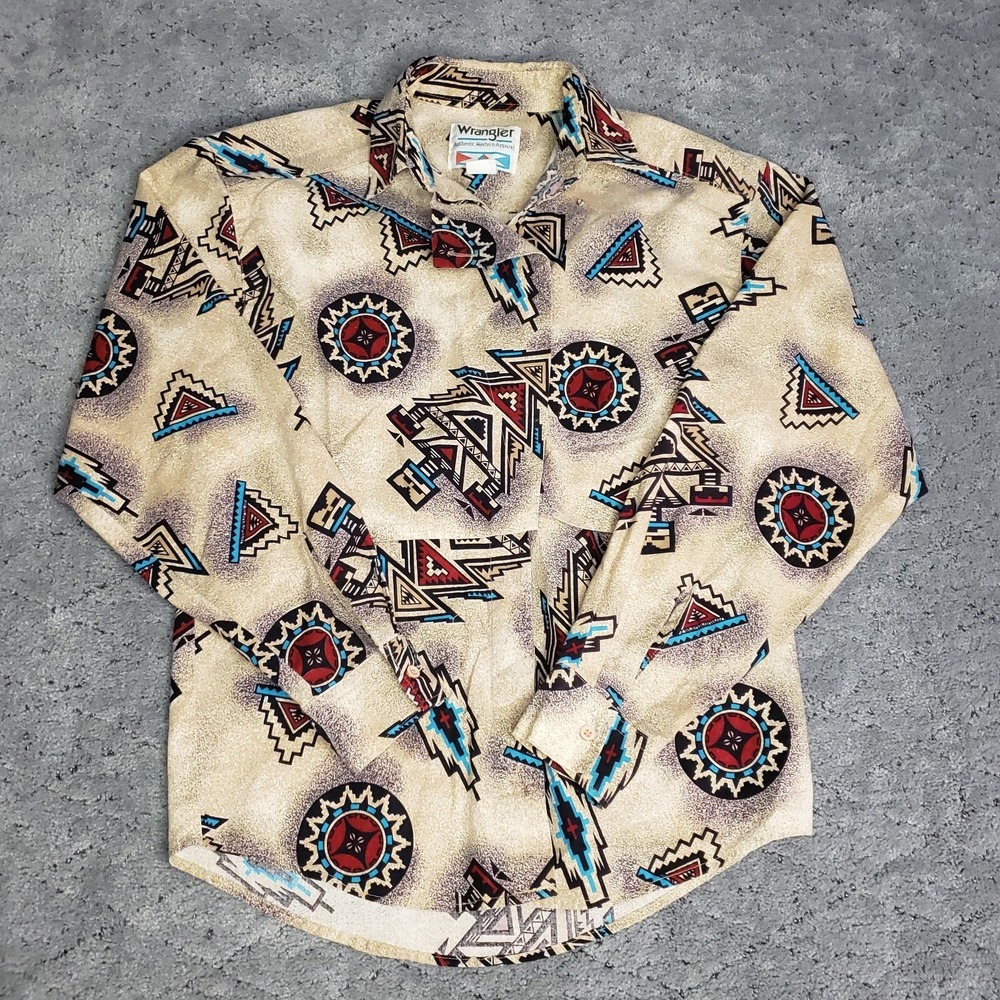 VTG Wrangler Shirt Womens M Long Sleeve Brown Aztec Print Cowgirl Western Flaps